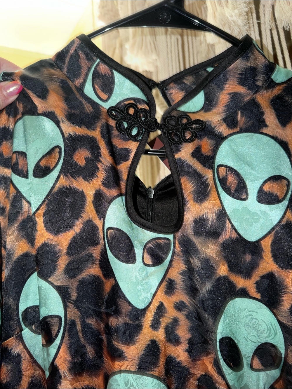 Dressed in LALA Teal Alien Print Leopard Top with Black Fringe - Picture 4 of 4